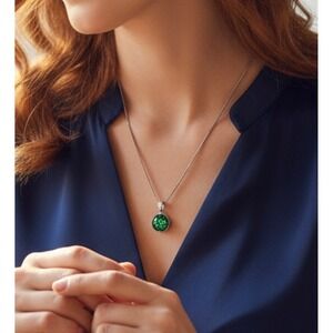 Vintage‎ Green Glass Foil Daisy Flower Sterling Silver Pendant 925 Necklace 18"